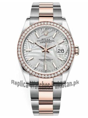 Newest Model-Rolex Datejust Silver Palm Motif Dial Diamond Watch  Price in Pakistan