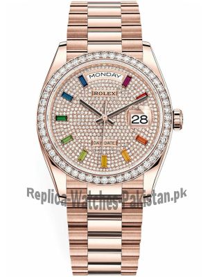 Rolex Day-Date Rainbow Pave Diamond Dial Rose Gold 128345RBR-0042 Watch Price in Pakistan